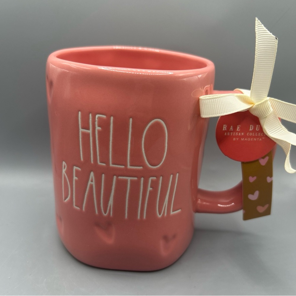 Rae Dunn HELLO BEAUTIFUL Pink Mug with Hearts Imprinted Valentine NEW